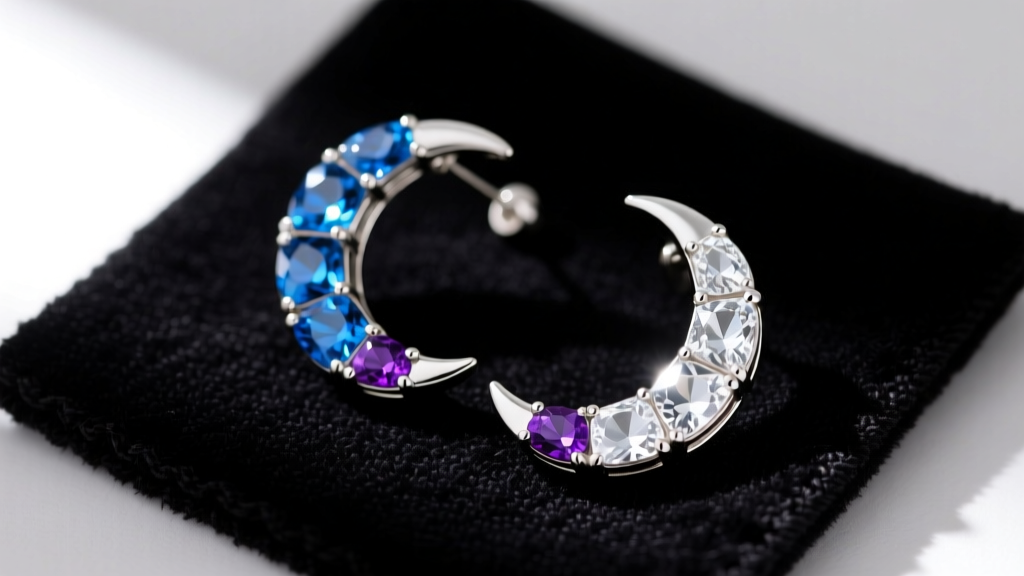Close-up of silver-plated crescent moon costume earrings with acrylic gems resting on a dark microfiber jewelry cleaning cloth