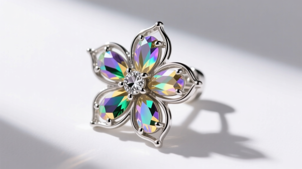 Top-down view of a Van Dell sterling silver and aurora borealis rhinestone floral earring, highlighting prong settings and patina