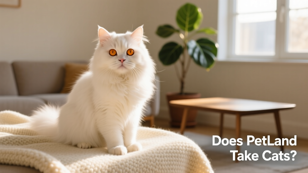 A friendly, well-groomed cat sitting calmly on a soft blanket, looking directly at the camera