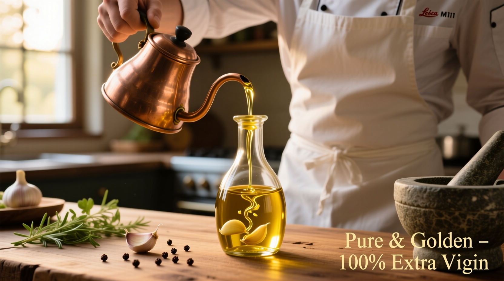 Chef pouring golden garlic infused olive oil into glass bottle