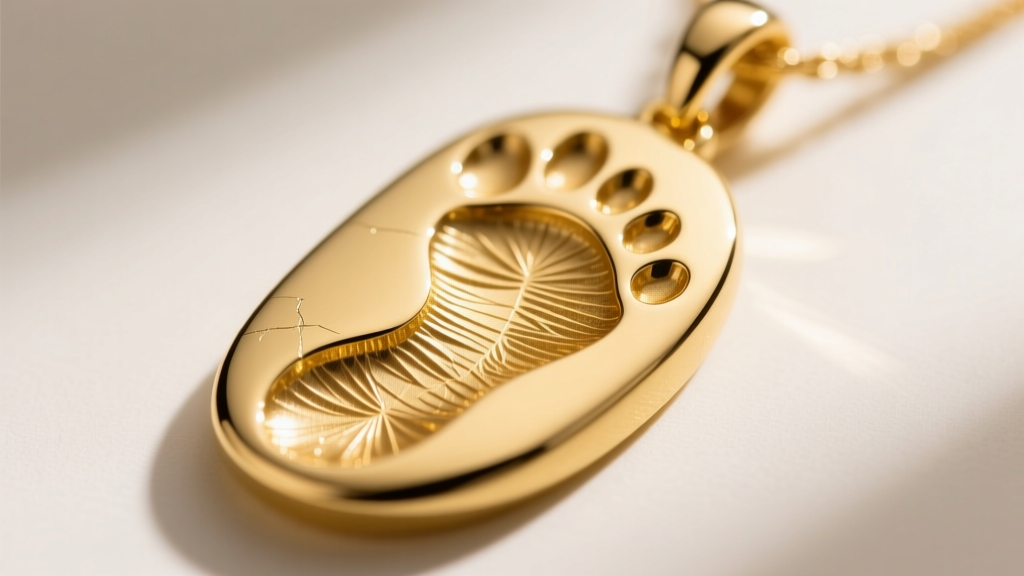 Macro shot of diamond-drag engraved footprint on 14k yellow gold, showing deep physical grooves and sharp edge details.