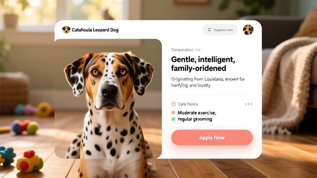 Screenshot-style image showing a friendly Catahoula Leopard Dog profile page on furpetvo.com with photos, bio, and 'Apply Now' button