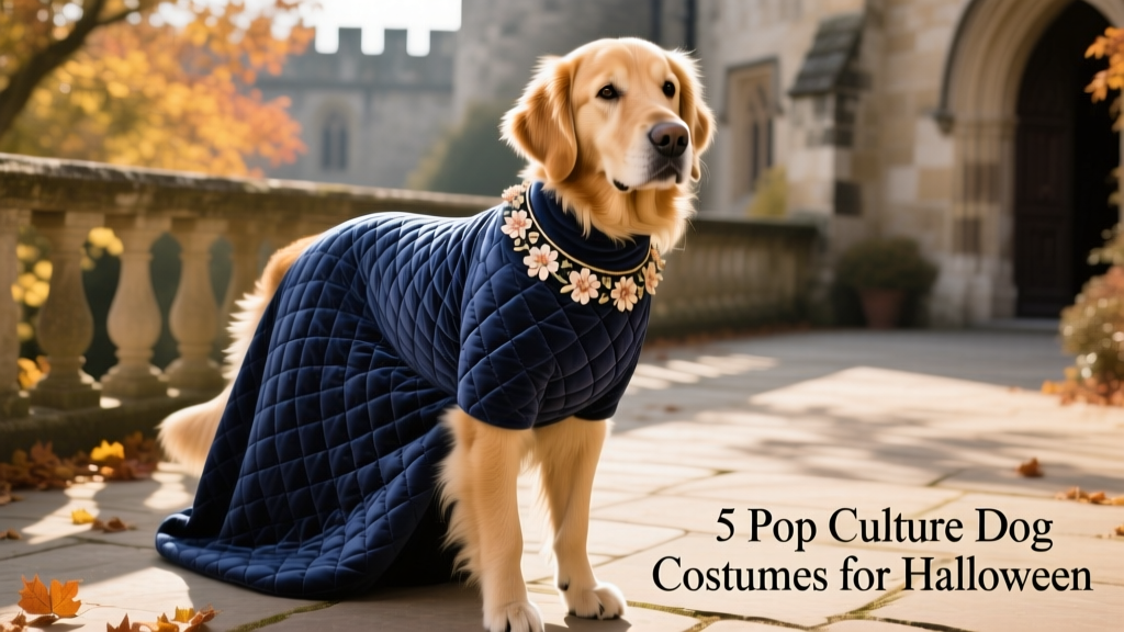 A dog wearing a navy quilted turtleneck dress with a floral collar, styled like a regal Westerosi noble
