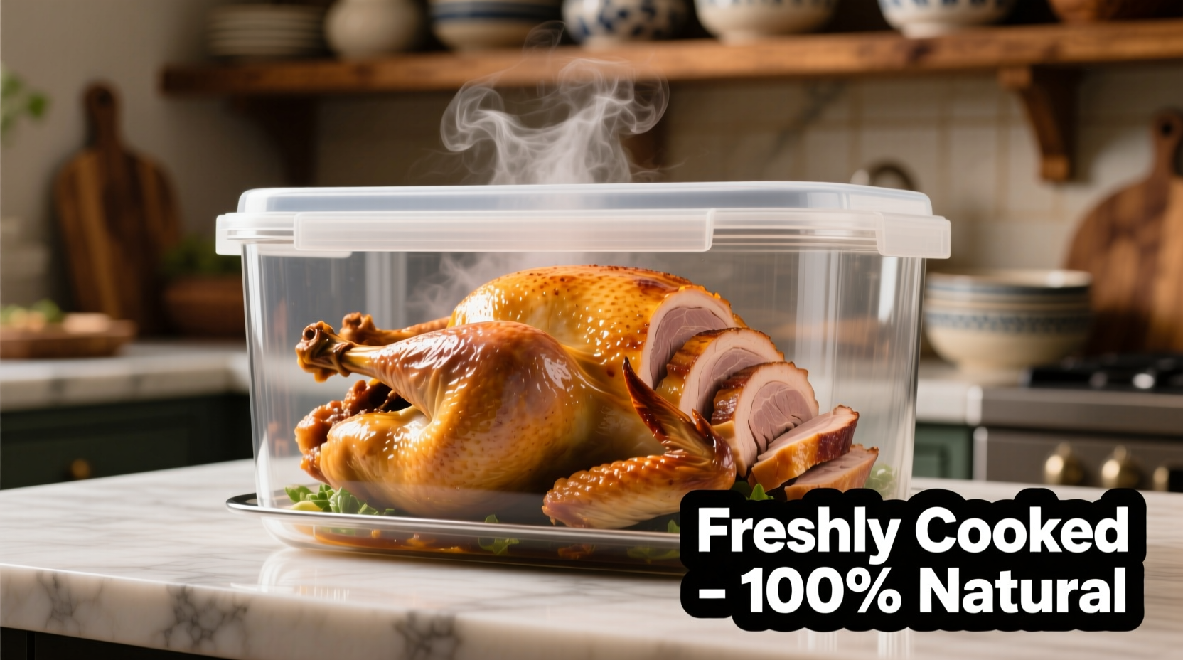 Fresh cooked turkey in proper airtight container