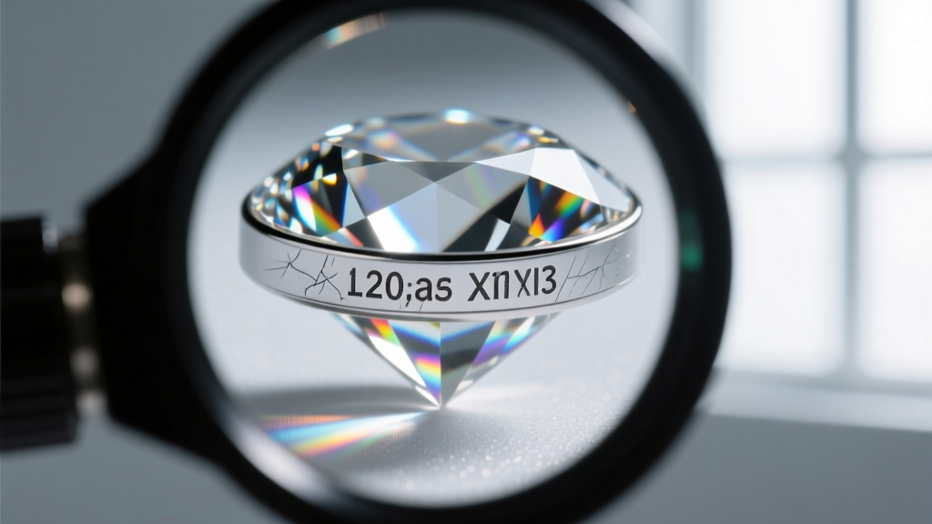 Macro shot of a laser-inscribed number on a lab-grown diamond girdle, viewed through a jeweler