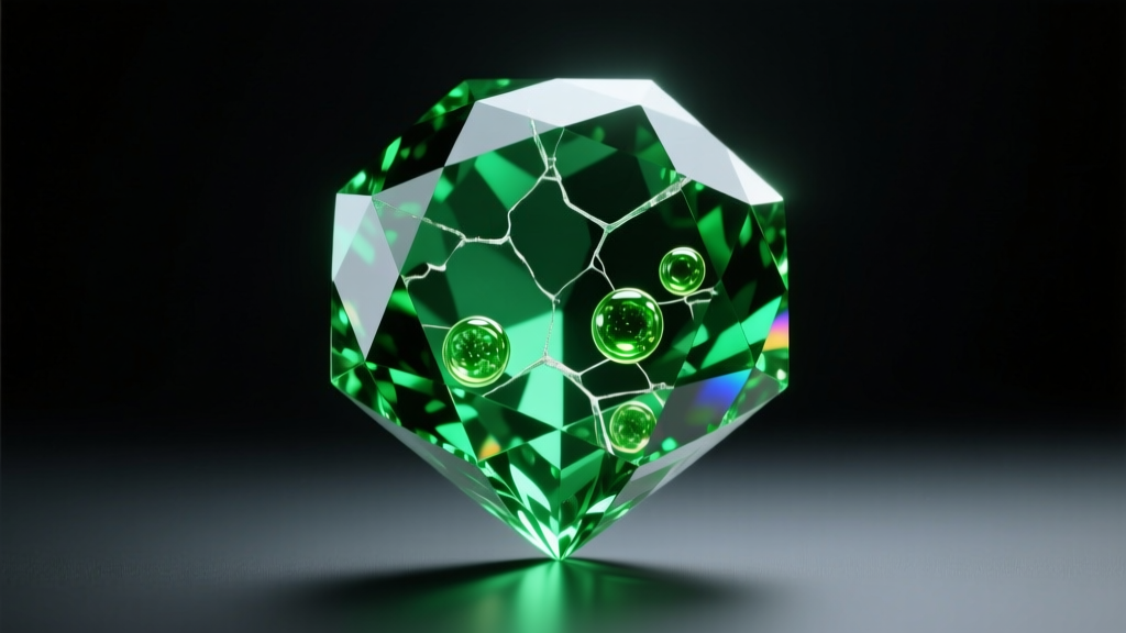 Macro shot of a fractured emerald showing internal oil inclusions, illuminated by a bright gemological loupe light on a dark mat.