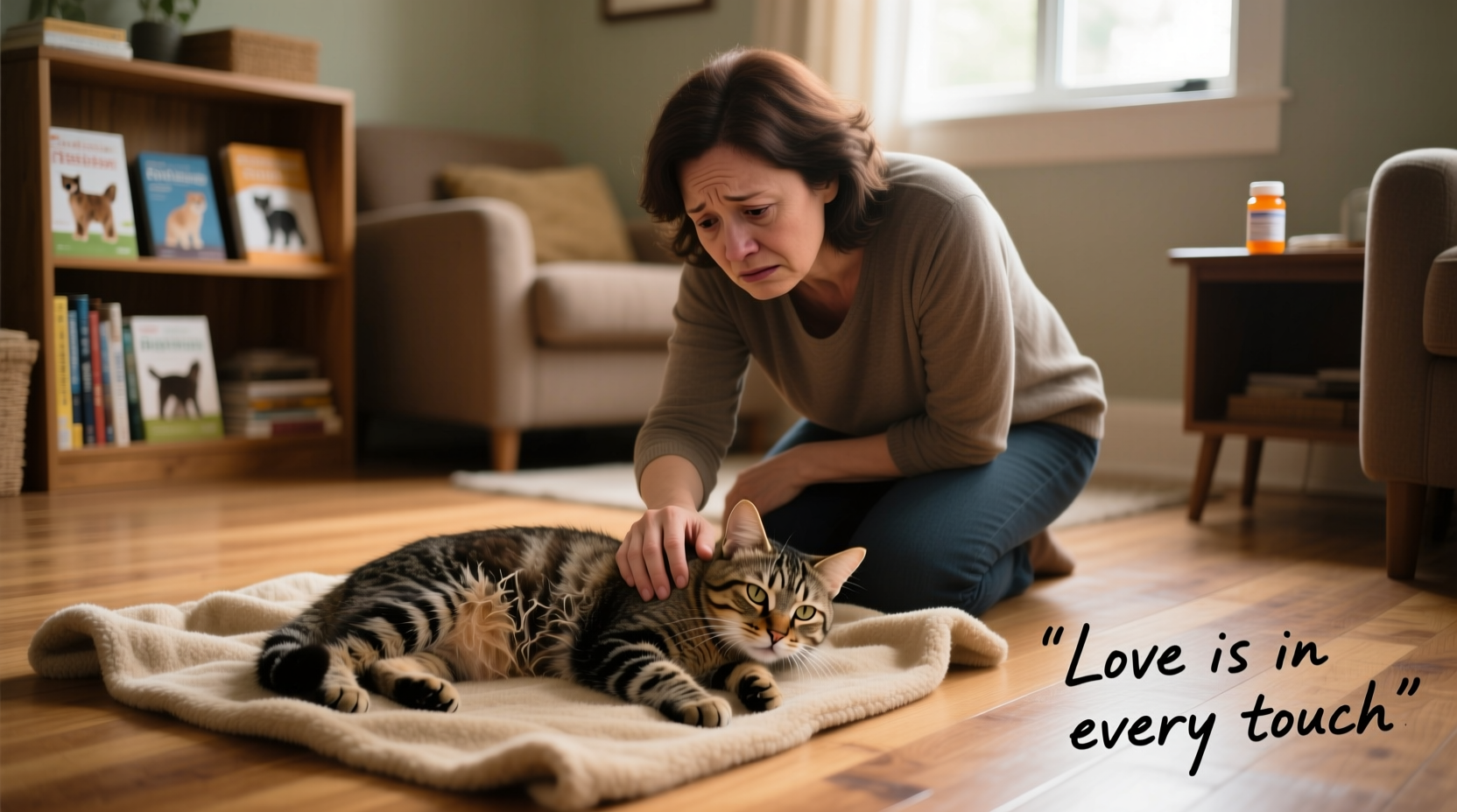 Concerned cat owner checking on sick tabby cat