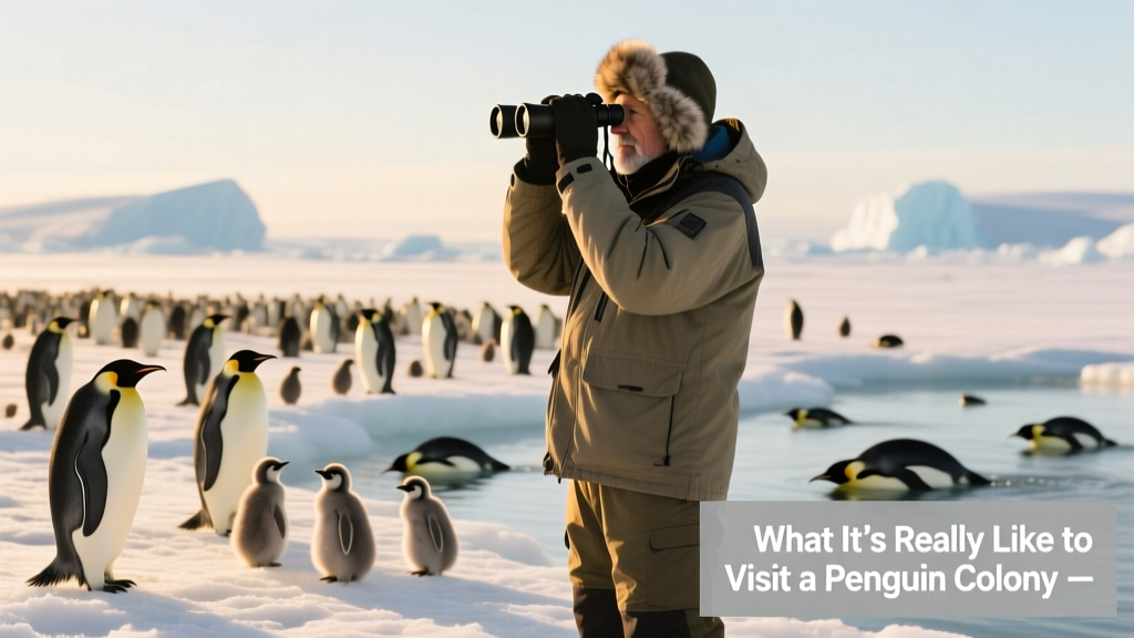 A researcher in cold-weather gear quietly observing a penguin colony from a respectful distance, binoculars in hand