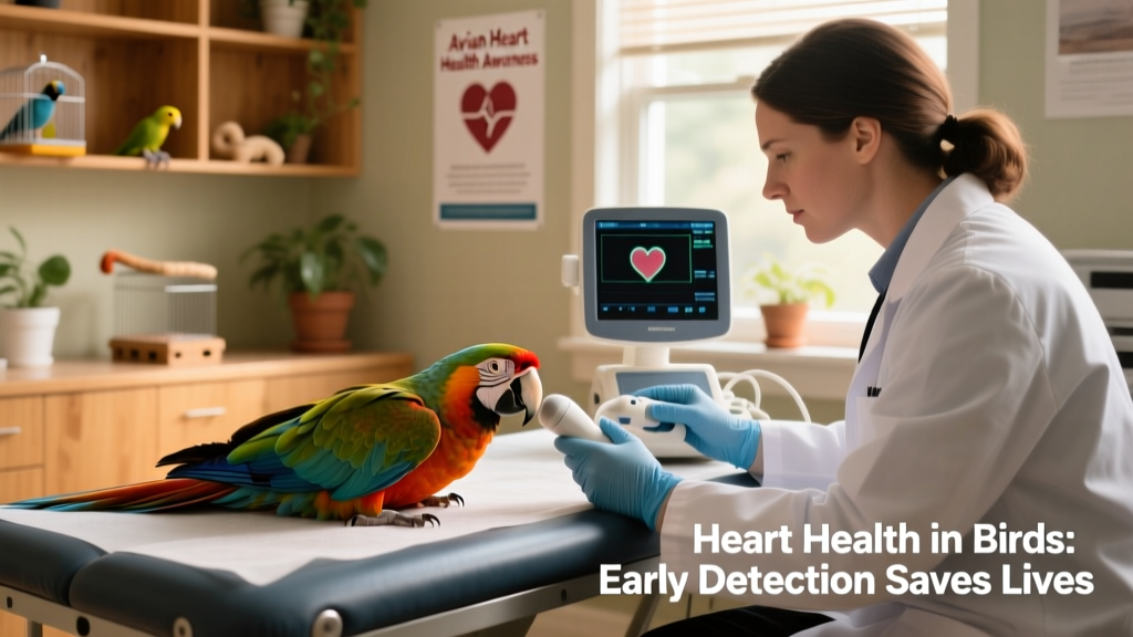 Avian veterinarian performing echocardiogram on a calm, restrained parrot