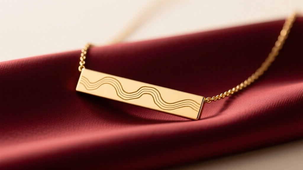 Close-up of a delicate 14k gold bar necklace on silk, featuring micro-engraved topographical map lines under soft warm lighting.