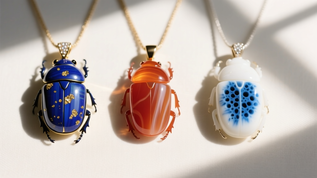 Flat lay of three scarab pendants showing genuine Afghan lapis lazuli, natural carnelian, and dyed howlite for material comparison.