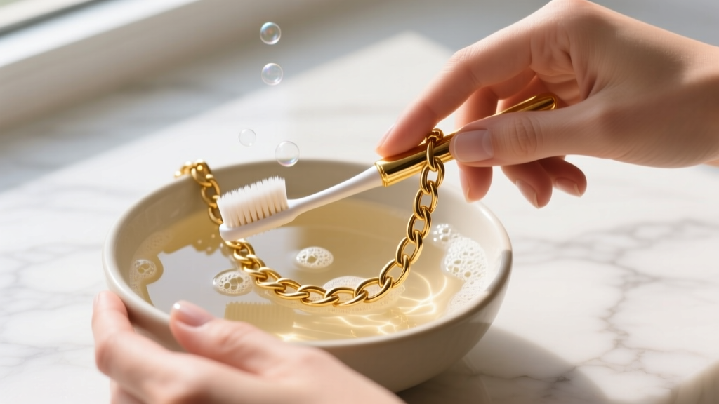 Hands using a soft toothbrush to gently scrub a thick gold vermeil Figaro chain necklace submerged in a bowl of warm soapy water.