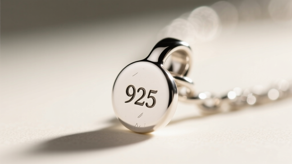 Macro photo of a tiny 925 hallmark stamped on the back of a silver pendant bail, shown under bright jeweler