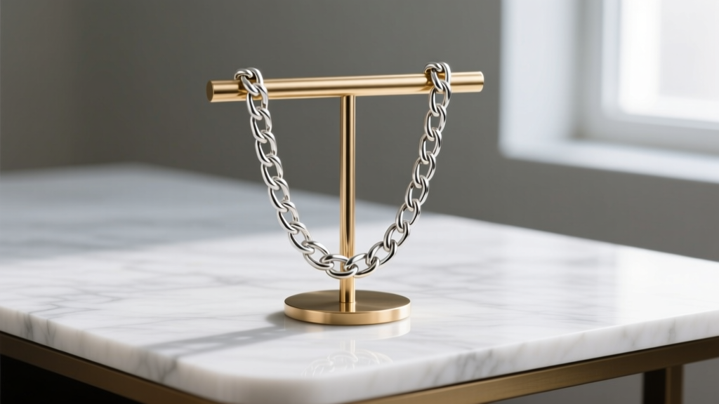 Brushed brass T-bar necklace stand holding a heavy sterling silver Cuban link chain without tipping over on a marble desk