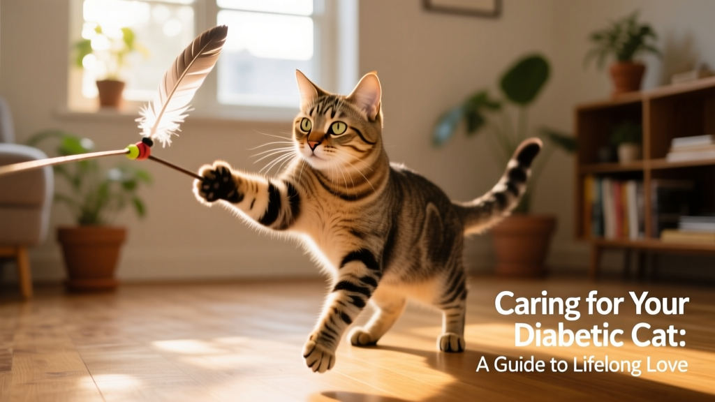 A playful cat batting at a feather wand toy, showing alertness and physical vitality