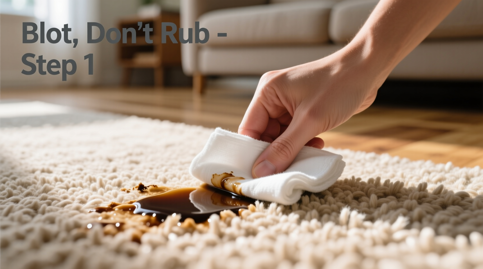 Carpet stain removal step showing blotting technique