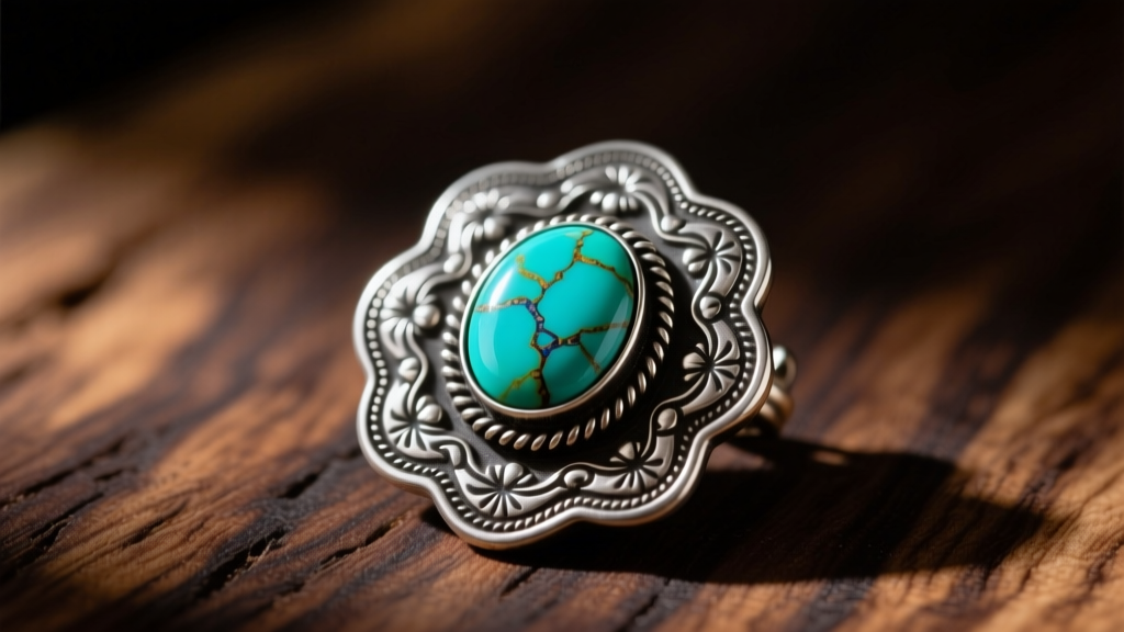 Macro shot of coin silver concho pendant featuring deep repousse detailing and a natural turquoise cabochon on dark wood