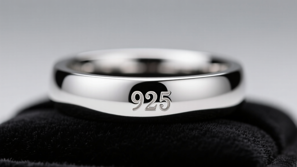 Macro shot of a stamped 925 hallmark on the inner band of a polished sterling silver ring under soft studio lighting.