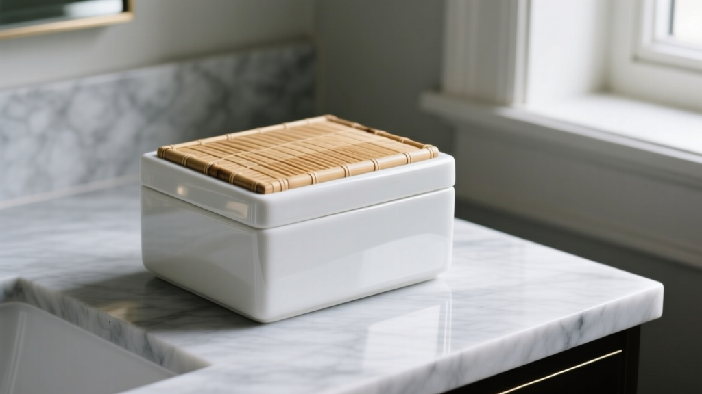 Matte white ceramic jewelry box with a bamboo lid on a marble vanity, lit to highlight the smooth, non-porous glaze surface.
