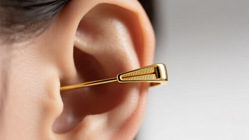 Close-up of an 18k gold ear pin slider on upper helix cartilage, showing friction notch details against soft studio lighting.