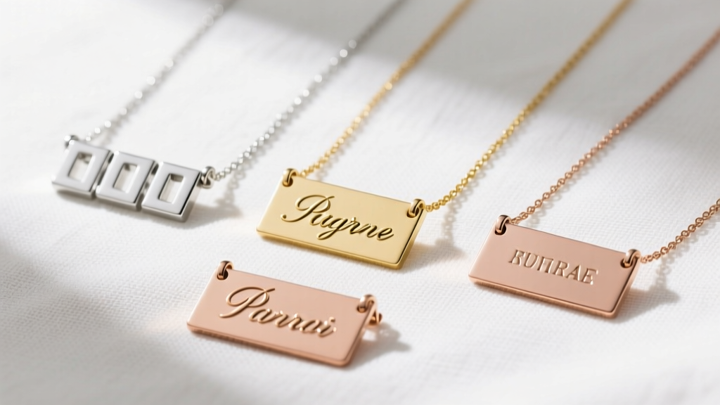 Silver, gold, and rose gold nameplate necklaces showing block, script, and serif fonts on textured white linen fabric.