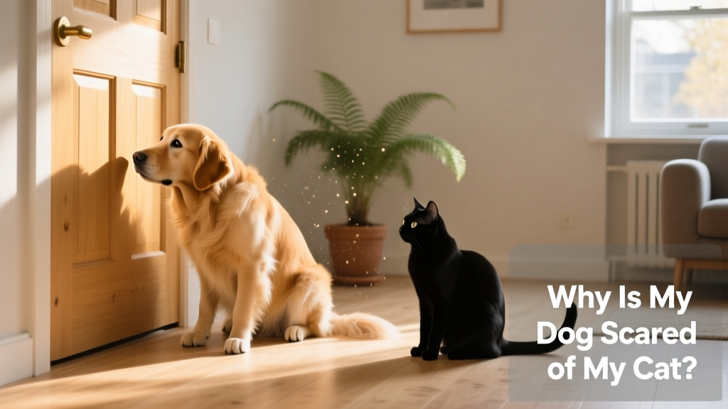 A curious dog sniffing cautiously near a closed door while a cat sits quietly on the other side