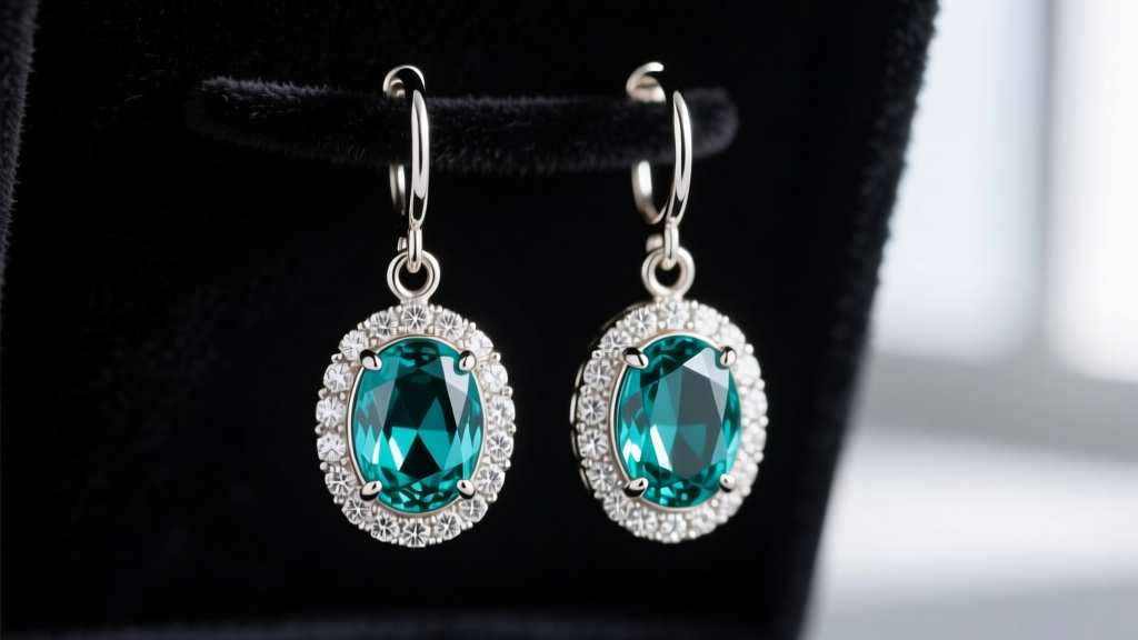 Macro photography of 18k white gold drop earrings featuring oval-cut teal sapphires surrounded by diamond halos on dark velvet