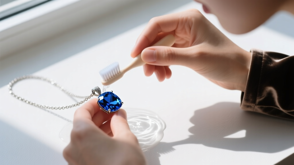 Close-up of a woman gently cleaning a blue sapphire stone necklace pendant with a soft baby toothbrush and mild soapy water