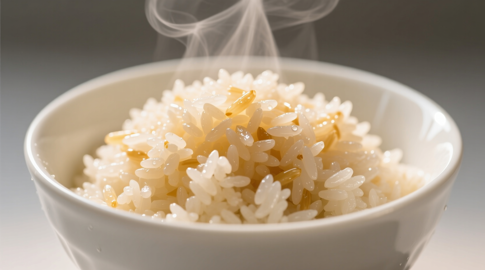 Perfectly reheated fluffy rice in white bowl
