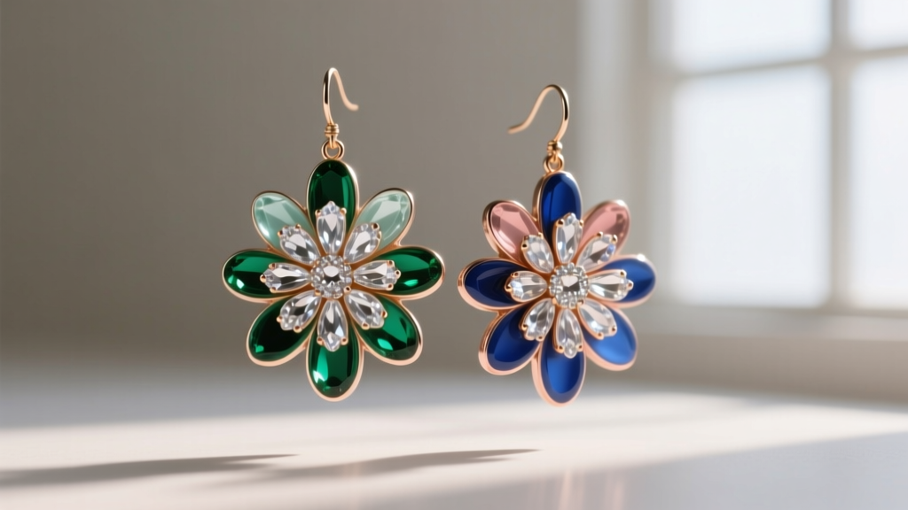 Side profile of large enameled daisy drop earrings showing the intricate layering of glass rhinestones and thick epoxy resin