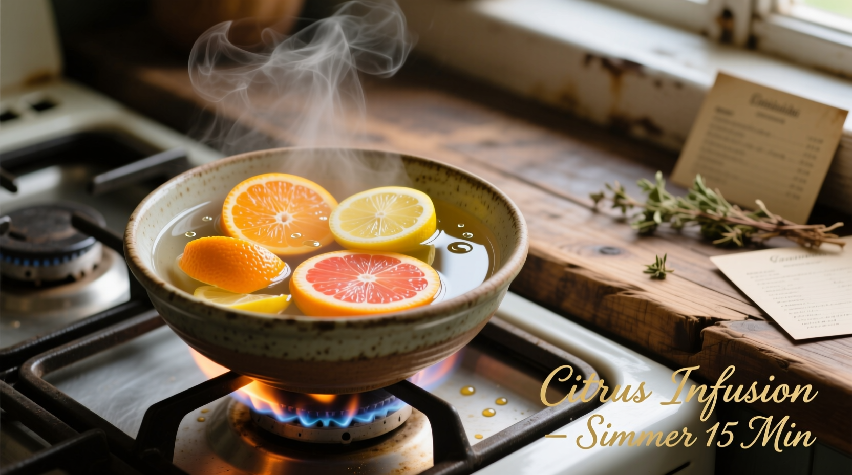 Bowl of citrus peels simmering in water on stove