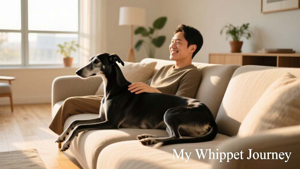 A relaxed Whippet resting beside a person on a sunlit couch, both looking calm and content