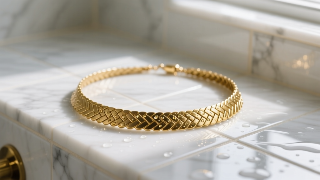 Wet gold-plated brass herringbone necklace resting on white marble shower tiles, showing early water spotting and dulled finish.