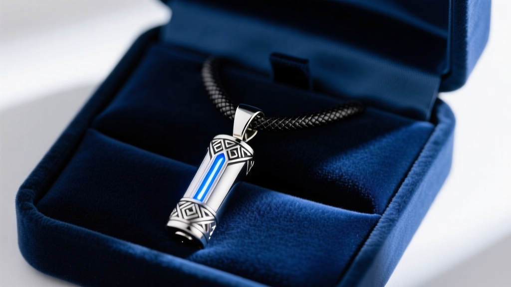 Polished sterling silver lightsaber hilt pendant on a snake chain, resting inside a velvet-lined anti-tarnish jewelry storage box.