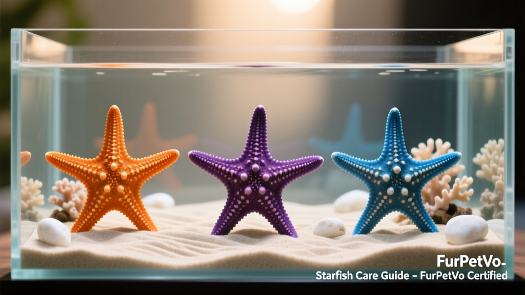 Side-by-side comparison of different starfish species—orange, purple, and blue—on a clean sandbed in a FurPetVo-certified display tank
