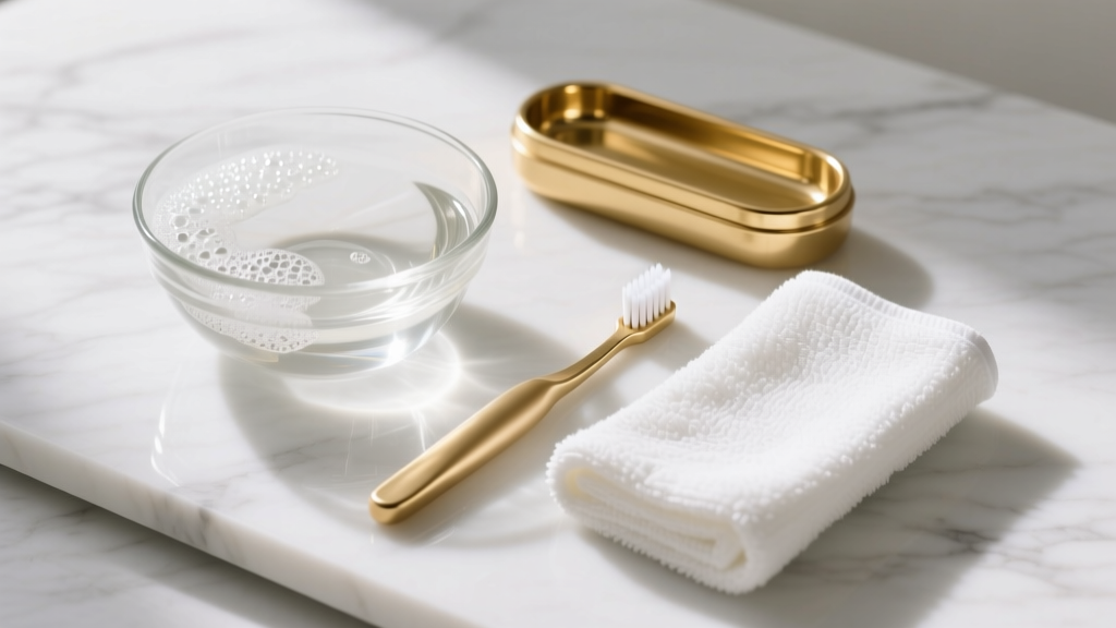 Flat lay of gold cleaning kit with glass bowl of soapy water, extra-soft baby toothbrush, and folded microfiber cloth on marble.