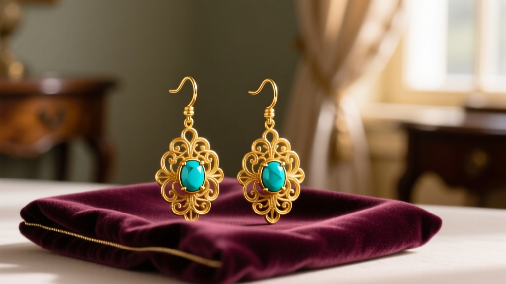 Close-up of vintage 1970s 14k yellow gold and turquoise dangle earrings resting on a soft velvet jewelry cleaning cloth, warm light