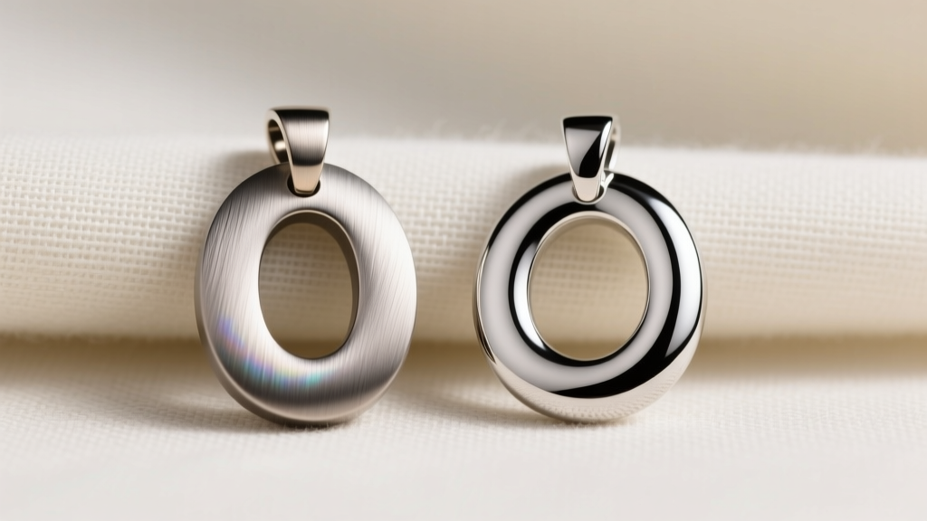 Brushed titanium O pendant next to a polished 316L surgical steel O pendant on neutral linen under soft studio lighting