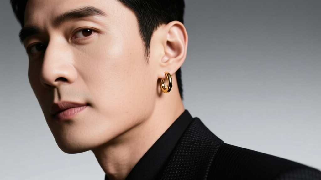 Close-up of a man in a suit wearing a single minimalist 14k gold huggie hoop on his right earlobe under soft studio lighting