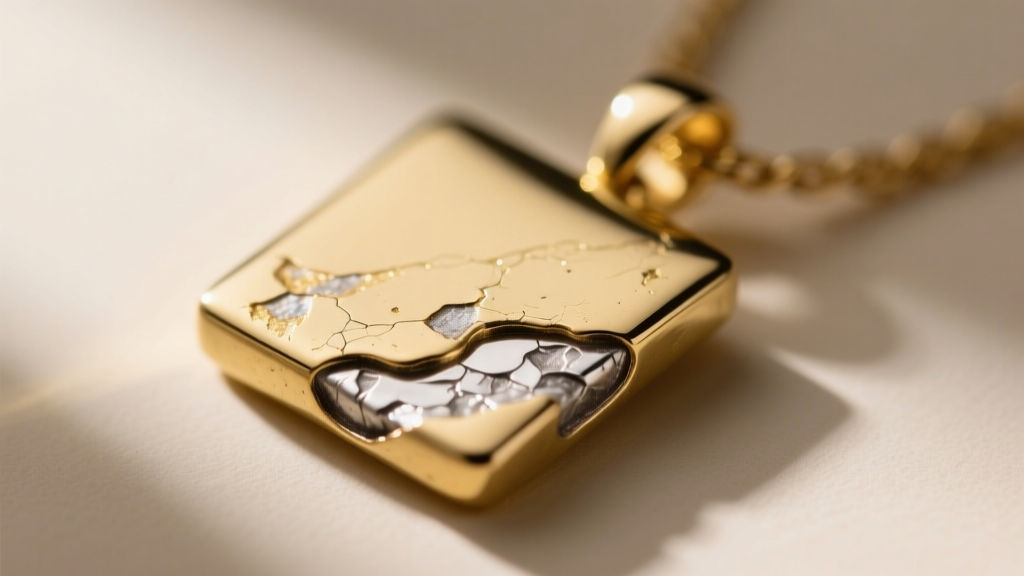 Macro shot of vermeil square pendant necklace showing gold plating wearing off at the corner, revealing sterling silver beneath