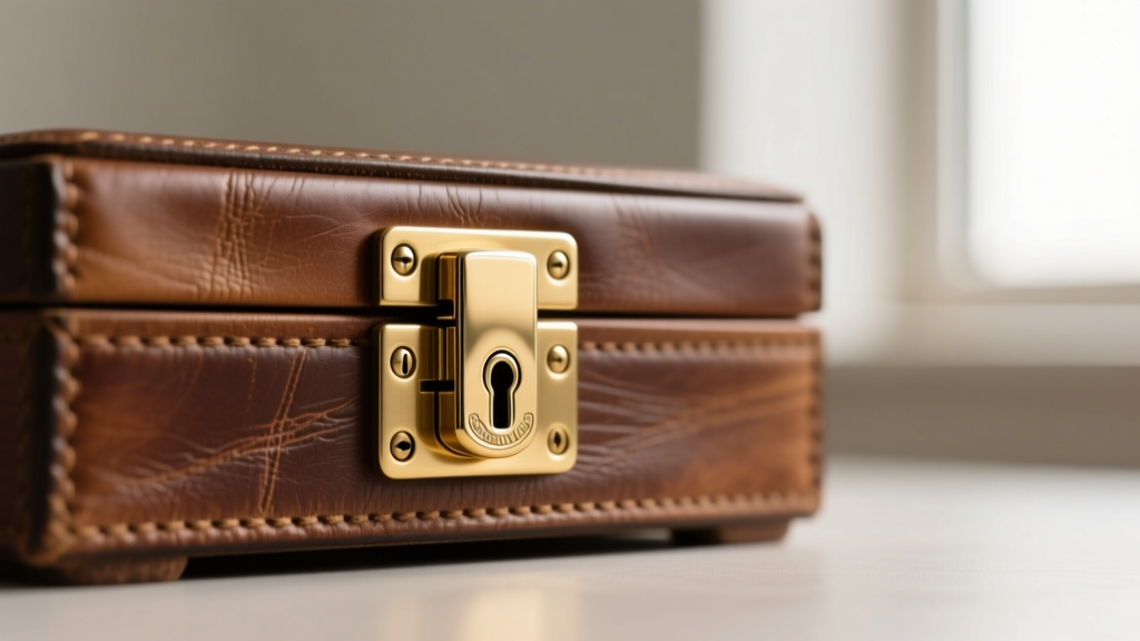 Macro shot of solid brass piano hinges and polished metal lock on the edge of a premium leather-wrapped wooden jewelry box.