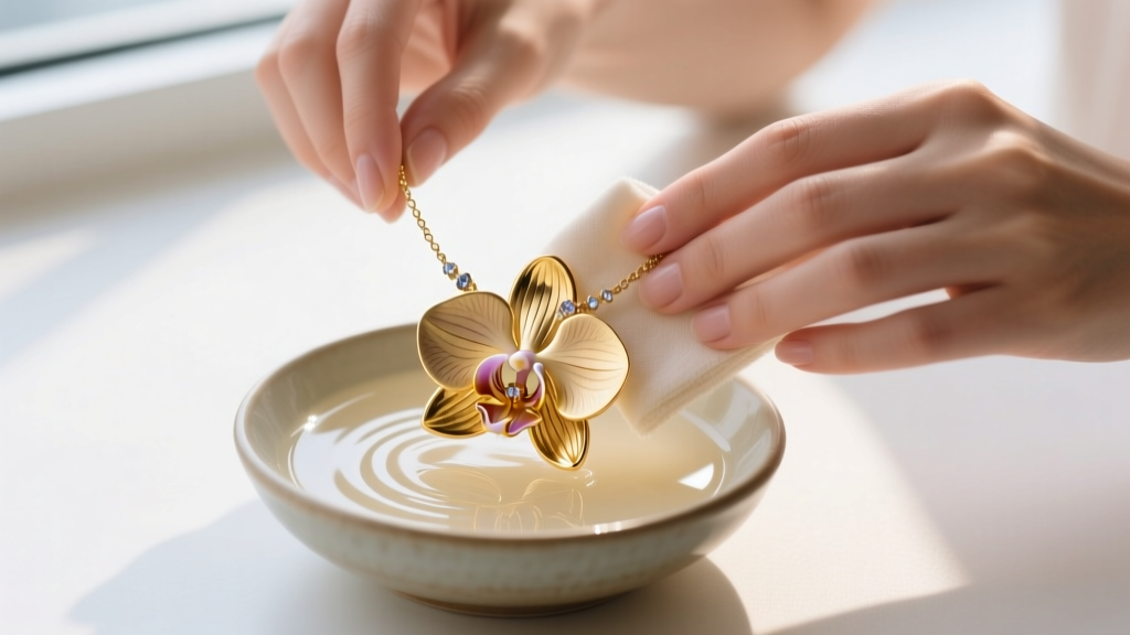 Hands polishing a gold-filled orchid flower necklace with a microfiber cloth over a small ceramic bowl of warm, mild soapy water.