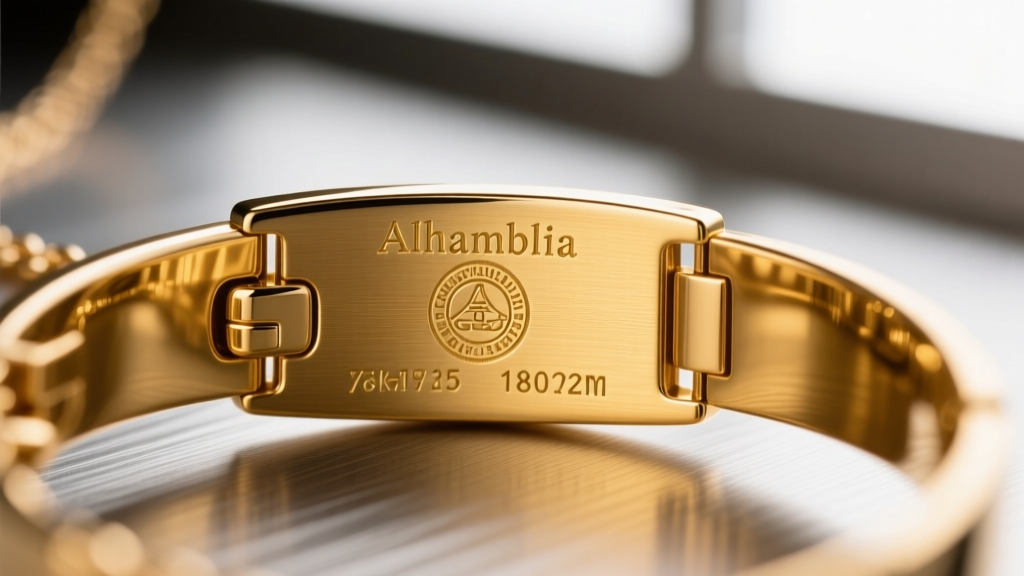 Extreme macro view of the serial number engraving and hallmark stamped on the back of an 18k yellow gold Alhambra necklace clasp