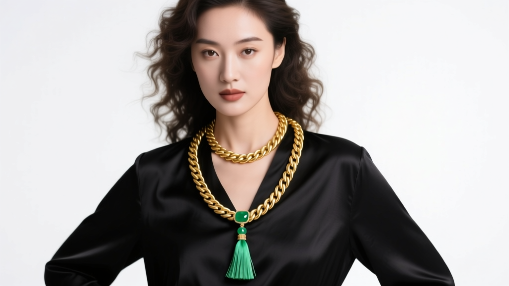 Woman wearing a 40-inch gold rope chain sautoir necklace with a jade tassel over a black silk blouse, soft studio lighting.