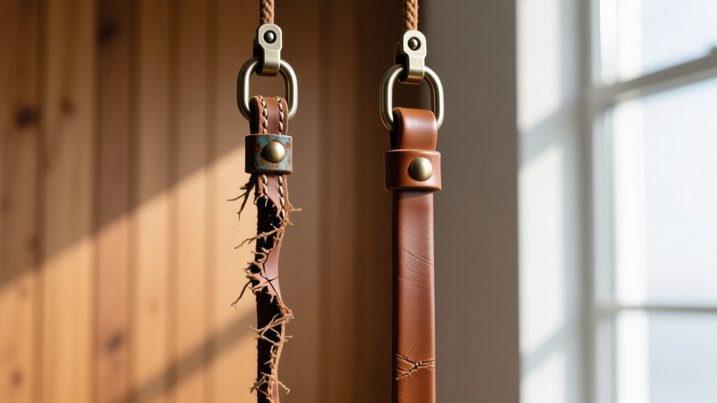 Comparison of a frayed budget leather cord and a pristine vegetable-tanned cord, focusing on metal hardware attachment points.