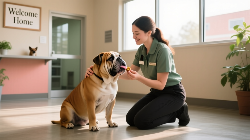 A clean, well-lit shelter intake area with staff gently interacting with an English Bulldog