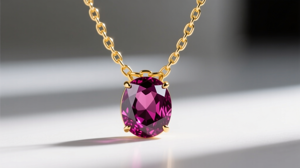 Close-up of a 14k yellow gold chain necklace holding a faceted rhodolite garnet pendant, showing deep purplish-red inclusions