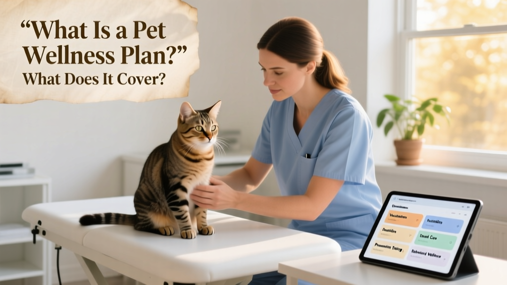 A calm cat sitting on an exam table during a gentle veterinary wellness checkup