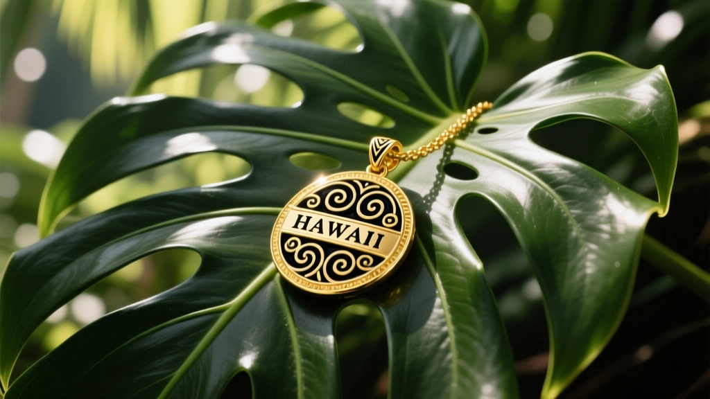 14k gold Hawaiian heirloom name pendant with black enamel scrollwork resting on dark green monstera leaves in soft natural sunlight