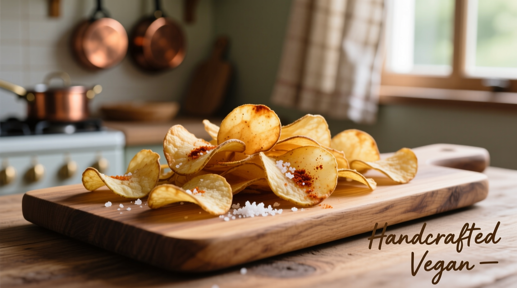 Homemade vegan potato chips on wooden board